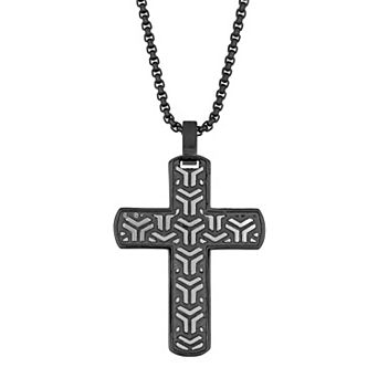 Men's LYNX Two-Tone Stainless Steel Patterned Cross Pendant Necklace