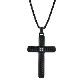 Men's LYNX Black Ion Plated Stainless Steel Diamond Accent Cross Pendant Necklace