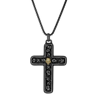 Men's LYNX Black & Gold Tone Ion Plated Stainless Steel Skull Cross Pendant Necklace