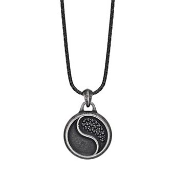 Men's LYNX Black Ion Plated Stainless Steel Black Cubic Zirconia Yin Yang Pendant Necklace