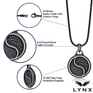 Men's LYNX Black Ion Plated Stainless Steel Black Cubic Zirconia Yin Yang Pendant Necklace