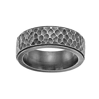 Mens Lynx Antiquied Black Ion Plated Stainless Steel Hammered Ring