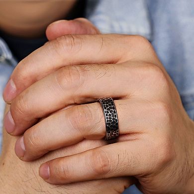 Mens Lynx Antiquied Black Ion Plated Stainless Steel Hammered Ring