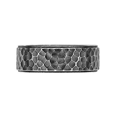 Mens Lynx Antiquied Black Ion Plated Stainless Steel Hammered Ring