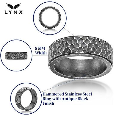 Mens Lynx Antiquied Black Ion Plated Stainless Steel Hammered Ring