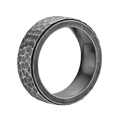 Mens Lynx Antiquied Black Ion Plated Stainless Steel Hammered Ring
