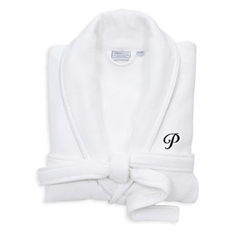 Linum Home Textiles Turkish Cotton Personalized Satin Piped Trim Waffle Terry White Bathrobe