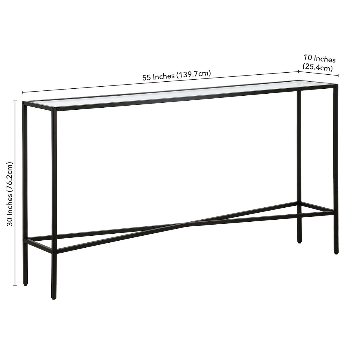Dimension diagram of a long rectangular black metal console table with measurements