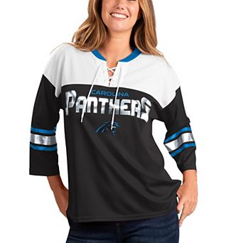 Women's G-III 4Her by Carl Banks Black/White Carolina Panthers Double Team Three-Quarter Sleeve Lace-Up T-Shirt