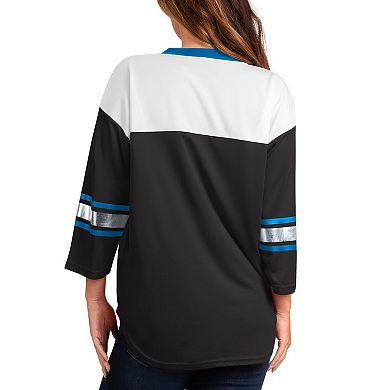 Women's G-III 4Her by Carl Banks Black/White Carolina Panthers Double Team Three-Quarter Sleeve Lace-Up T-Shirt