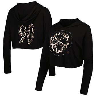 Women's Majestic Threads T.J. Watt Black Leopard Player Name & Number Long Sleeve Cropped Hoodie