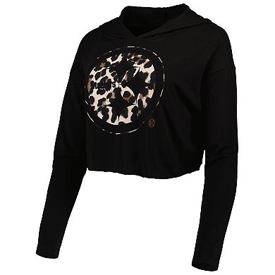 Women's Majestic Threads T.J. Watt Black Leopard Player Name & Number Long Sleeve Cropped Hoodie