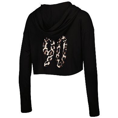 Women's Majestic Threads T.J. Watt Black Leopard Player Name & Number Long Sleeve Cropped Hoodie