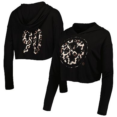 Women's Majestic Threads T.J. Watt Black Leopard Player Name & Number Long Sleeve Cropped Hoodie