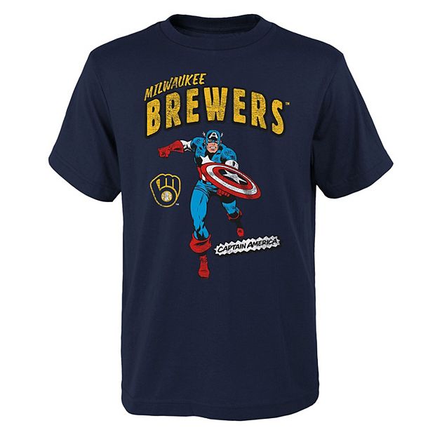 Youth Navy Milwaukee Brewers Team Captain America Marvel T-Shirt