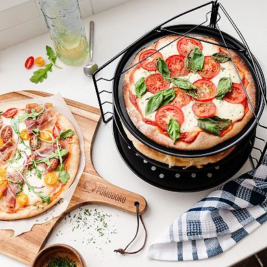 Chef Pomodoro Pizza Baking Set With 3 Pizza Pans And Pizza Rack, Non-stick Perforated (11-inch Pans)