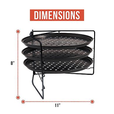 Chef Pomodoro Pizza Baking Set With 3 Pizza Pans And Pizza Rack, Non-stick Perforated (11-inch Pans)