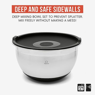 Chef Pomodoro Mixing Bowls With Lids, Stainless Steel Bowl Set, Non-slip Silicone Base - 3 Piece