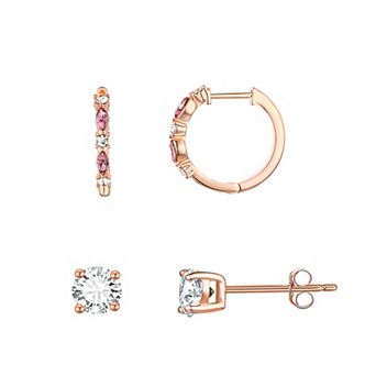 Chrystina Crystal 2 Pair Rose Gold Tone Stud & Hoop Earrings Set