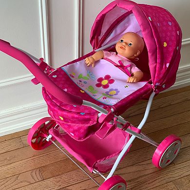 509 Crew Garden Pram N Doll Set - 14" Baby Doll & Folding Pram Set, Kids Pretend Play