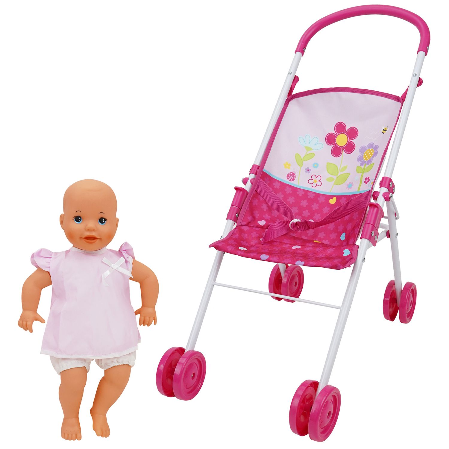 Badger Basket Toy Doll Daydream Multi-Function Pretend Play Pram & Stroller  for 20 inch Dolls - Gray/Pink