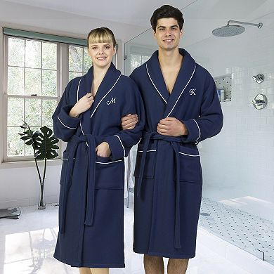 Linum Home Textiles Turkish Cotton Satin Piped Trim Waffle Terry Navy Bathrobe