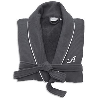 Linum Home Textiles Turkish Cotton Personalized Satin Piped Trim Waffle Terry Gray Bathrobe