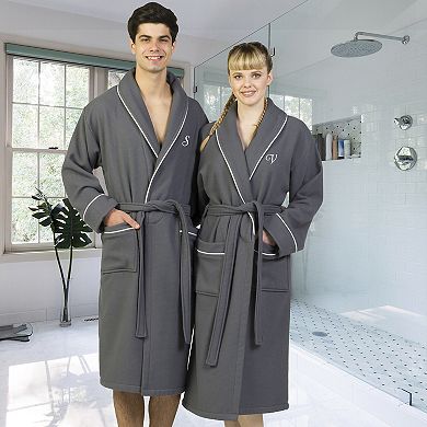 Linum Home Textiles Turkish Cotton Personalized Satin Piped Trim Waffle Terry Gray Bathrobe