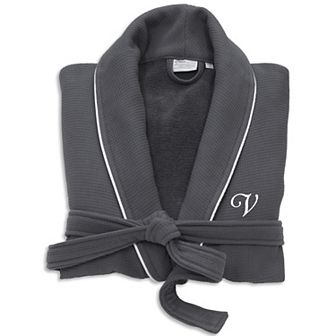 Linum Home Textiles Turkish Cotton Personalized Satin Piped Trim Waffle Terry Gray Bathrobe