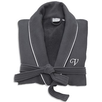 Linum Home Textiles Turkish Cotton Personalized Satin Piped Trim Waffle Terry Gray Bathrobe