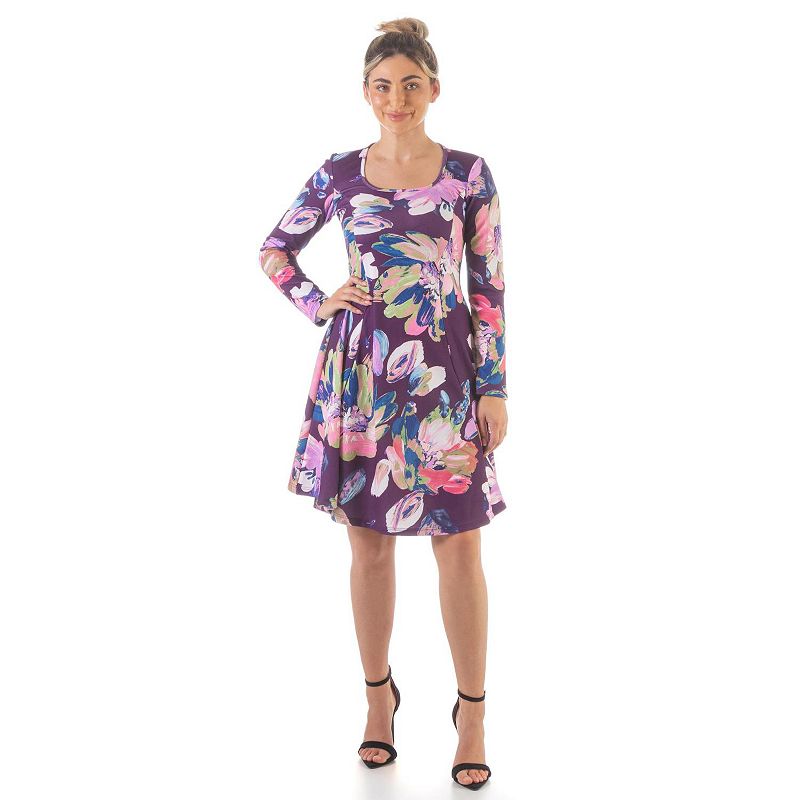Womens 24Seven Comfort Apparel Floral Skater Dress, Size: Small, Purple Pi