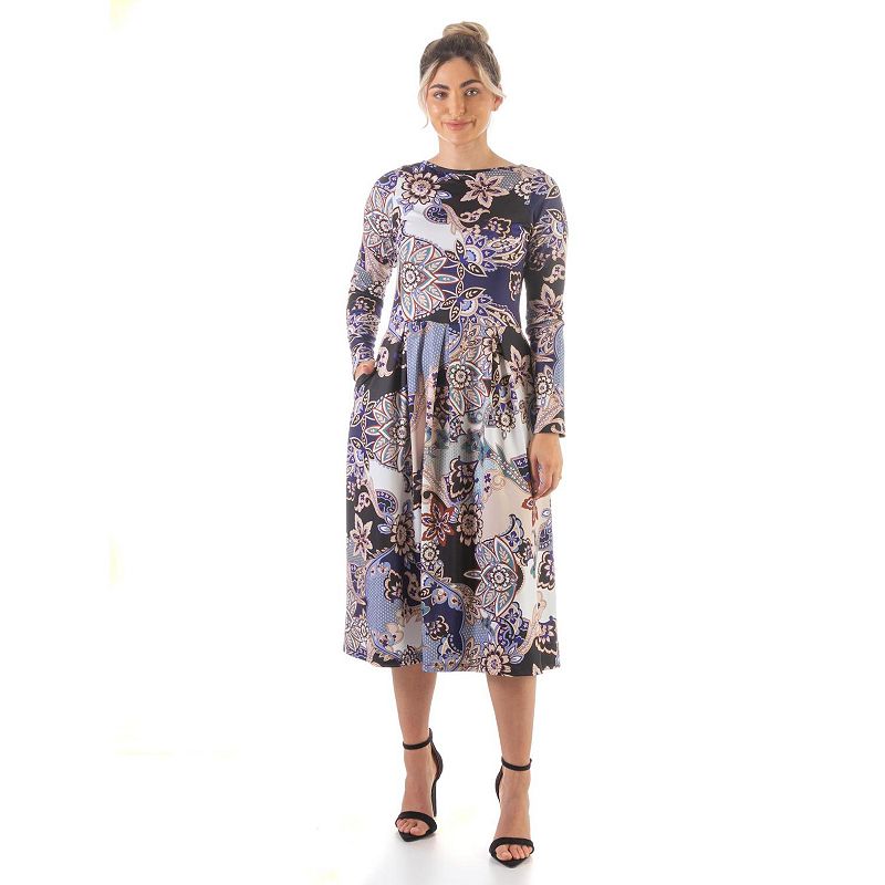Womens 24Seven Comfort Apparel Pleated Print Midi Dress, Size: Small, Blue