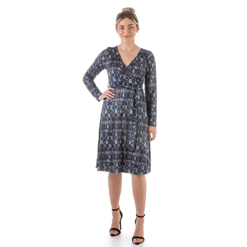 Womens 24Seven Comfort Apparel Faux-Wrap Print Midi Dress, Size: Small, Gr