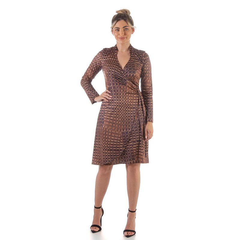 Womens 24Seven Comfort Apparel Knotted Faux-Wrap Dress, Size: XXL, Brown P