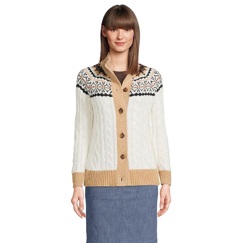 Women's Lands' End Cozy Lofty Fairsisle Cable-Knit Cardigan Sweater, Size: XS, White | Kohl's
