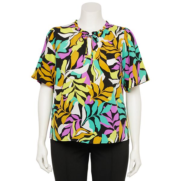 Plus Size Nine West Short Sleeve Front Tie Top - Black Grove Palm (0X)