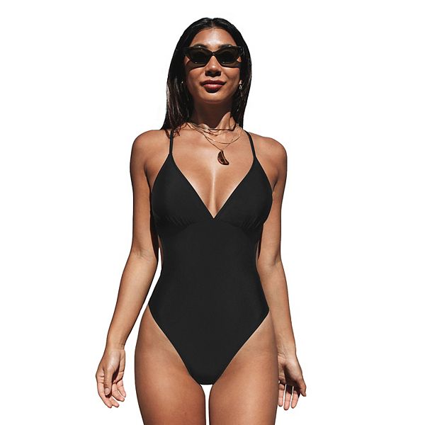 Women's Plunging Neck One Piece Swimsuit Cutout Bathing Suit -  Cupshe-XL-Black