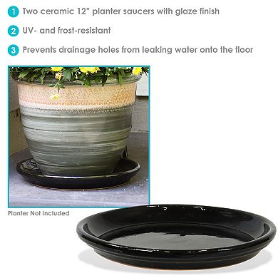 Sunnydaze Glazed Ceramic Planter Saucers - 12" - Obsidian - Set of 2