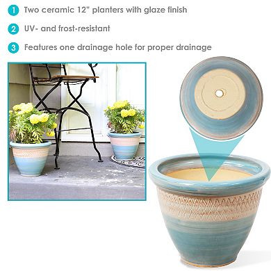 Sunnydaze Purlieu Ceramic Planter - 12" - Set of 2