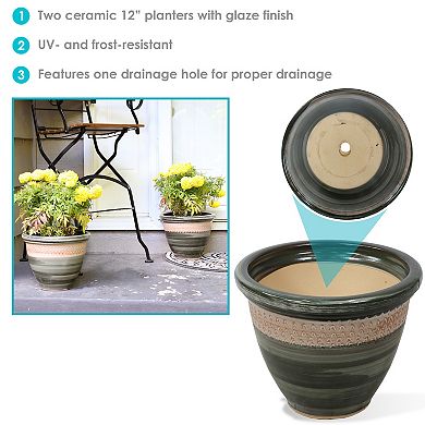 Sunnydaze Purlieu Ceramic Planter - 12" - Set of 2