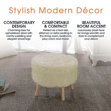 Cheer Collection Faux Fur Wood Leg Stool, White