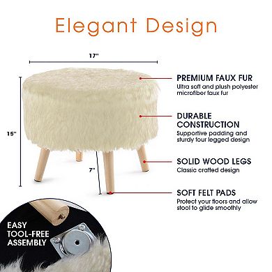 Cheer Collection Faux Fur Wood Leg Stool, White