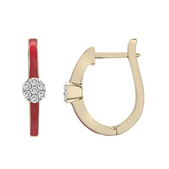 14k Gold Over Sterling Silver 1/10 Carat T.W. Diamond Red Enameled Oval Hoop Earrings