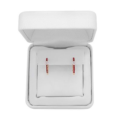 14k Gold Over Sterling Silver 1/10 Carat T.W. Diamond Red Enameled Oval Hoop Earrings
