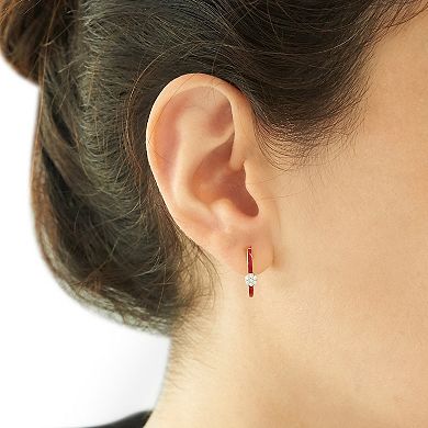 14k Gold Over Sterling Silver 1/10 Carat T.W. Diamond Red Enameled Oval Hoop Earrings