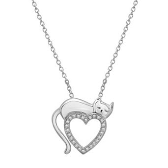 Sterling Silver Diamond Accent Cat & Open Heart Necklace