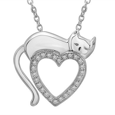 Sterling Silver Diamond Accent Cat & Open Heart Necklace