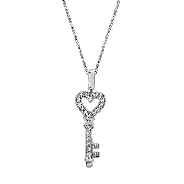 Jewelili Heart, Lock and Key Charm Pendant Toggle Necklace with Natural White Diamond in Sterling Silver 1/5 Cttw