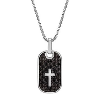 Men's Sterling Silver 1/4 Carat T.W. Black Diamond Cross Dog Tag Pendant Necklace