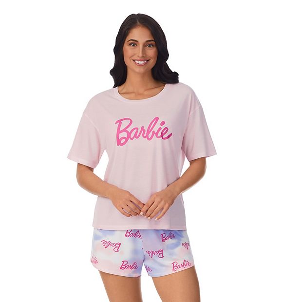 Barbie Womens Pyjamas White Boxy Fit Crop T-Shirt Black Shorts Pjs Set